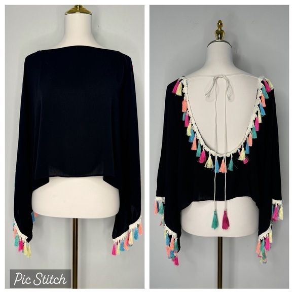 Oversized Black and Neon Open Back Crop Top with Tassels Unstructured - Picture 1 of 8